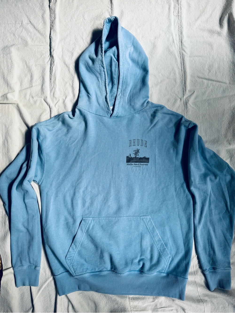 Rare Rhude x Malibu baby-blue color designer hoodie
